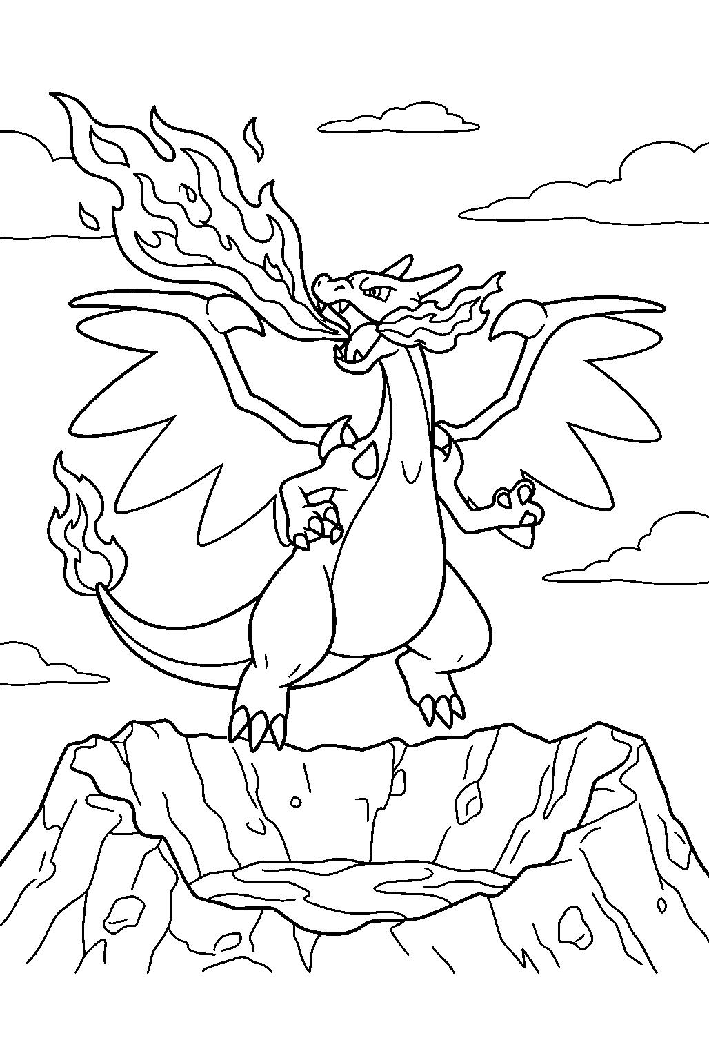 charizard breathing blue flames in mega charizard x form above a volcanic crater line art