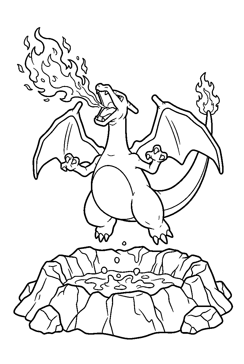 charizard breathing fire above a volcanic crater line art