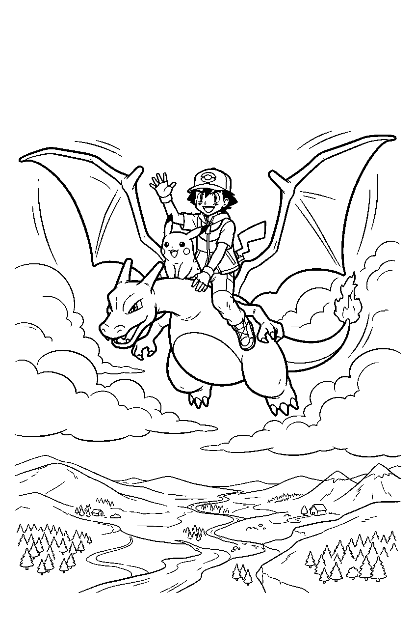 charizard carrying ash and pikachu through clouds above a valley line art