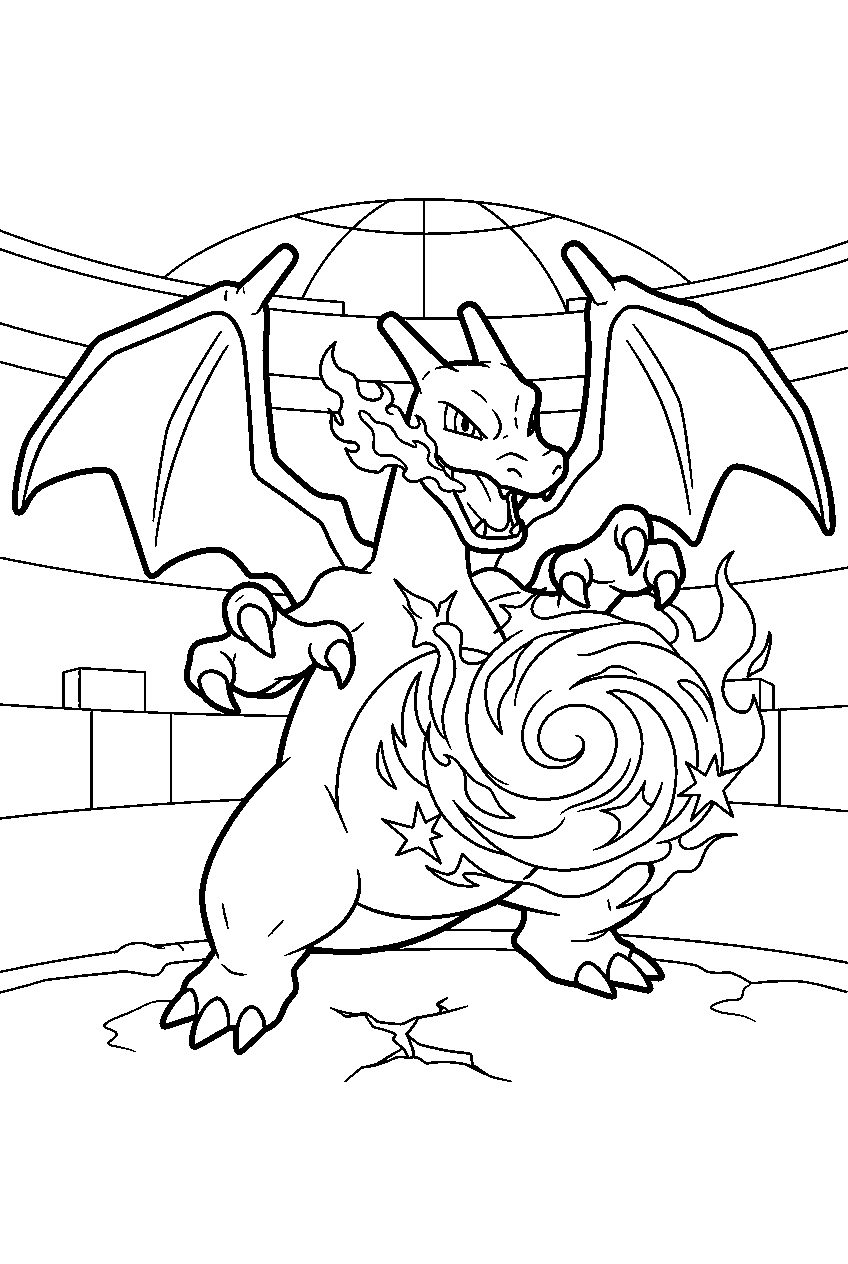 charizard charging blast burn inside a stadium arena line art