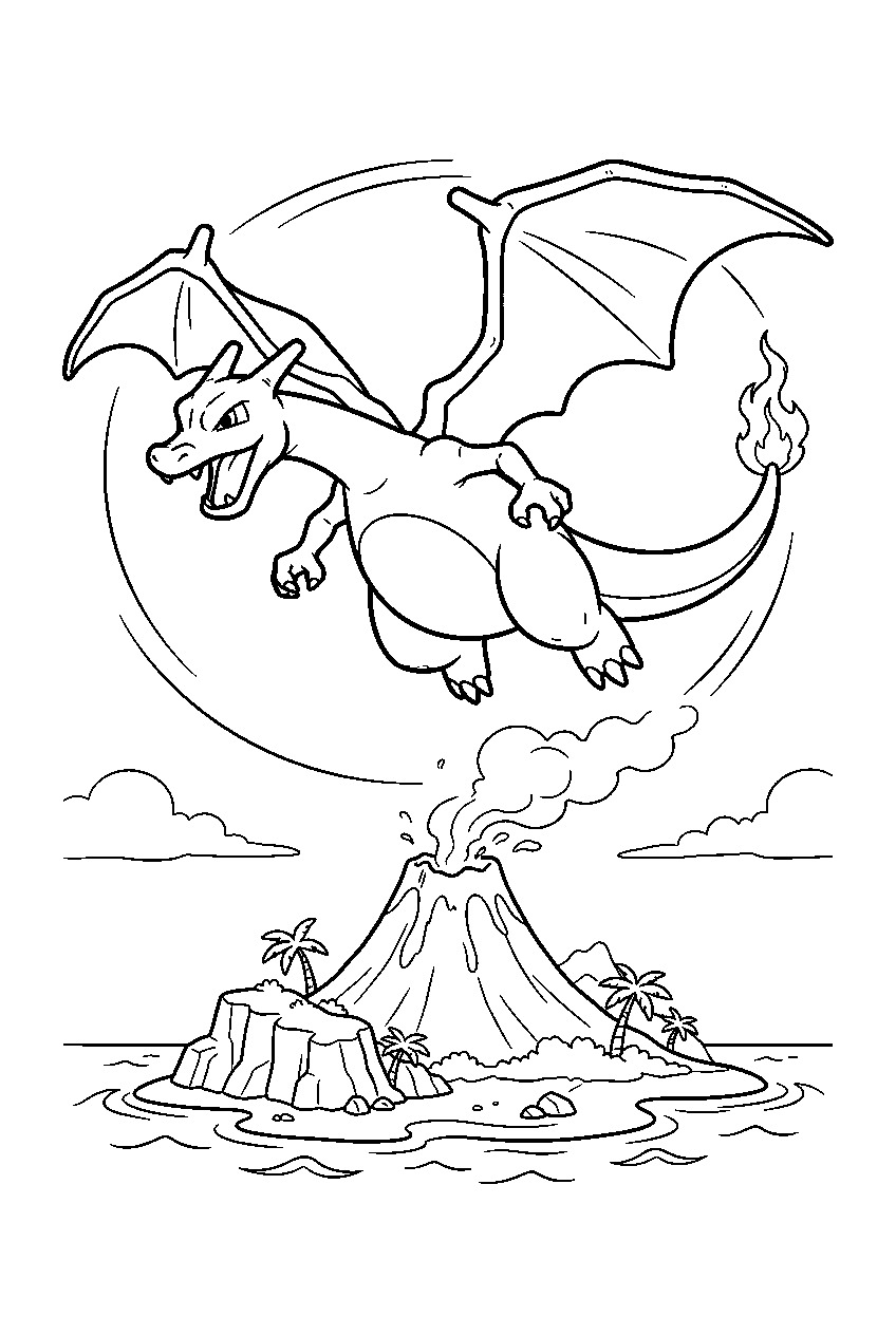 charizard circling above an island volcano line art