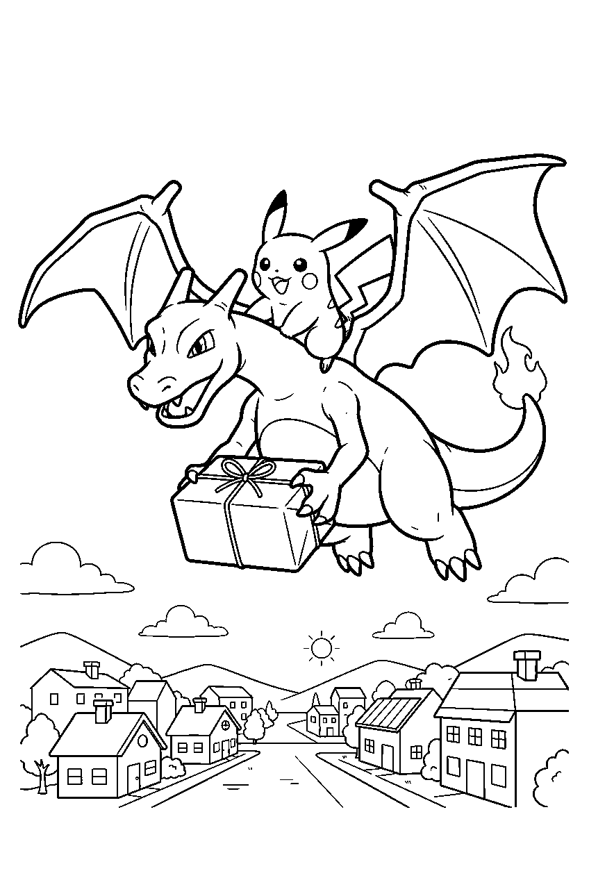 charizard delivering a package with pikachu riding above a small town line art