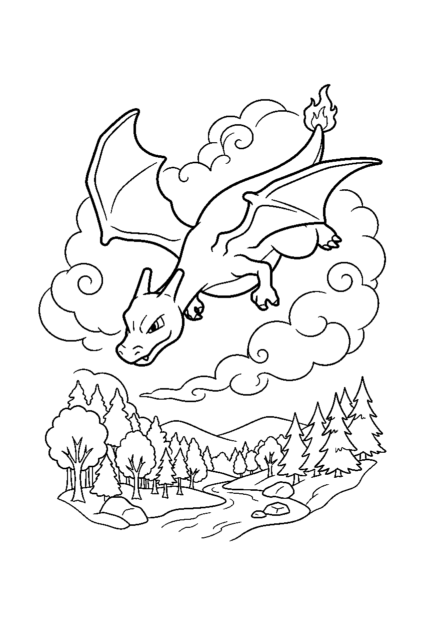 charizard diving through clouds toward a forest valley line art