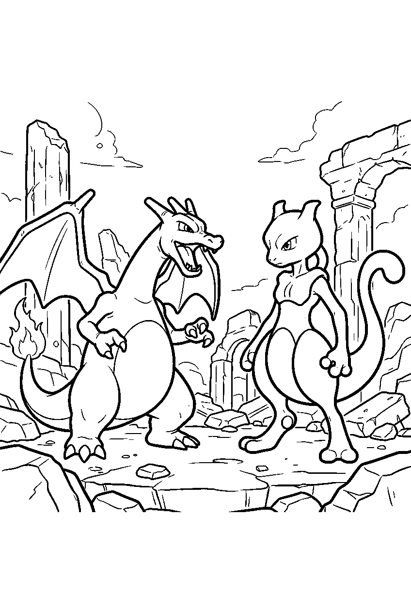 charizard facing mewtwo among rocky ruins line art