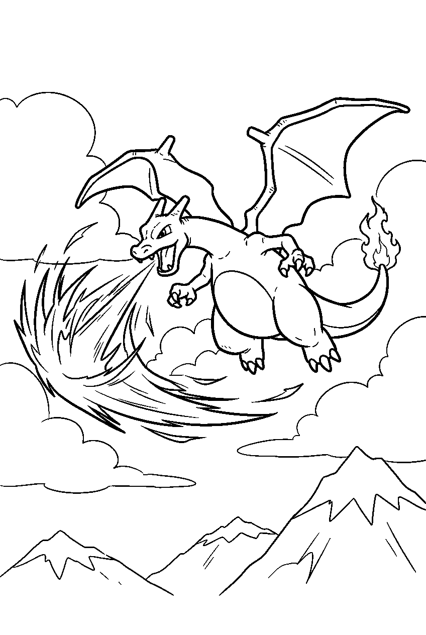 charizard firing air slash through clouds above mountain peaks line art