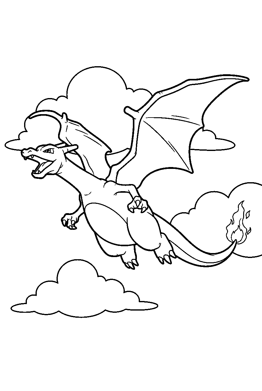 charizard flying across a simple cloud background line art