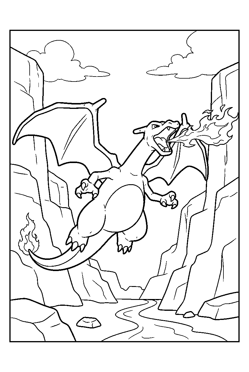 charizard flying through a rugged canyon while breathing fire line art