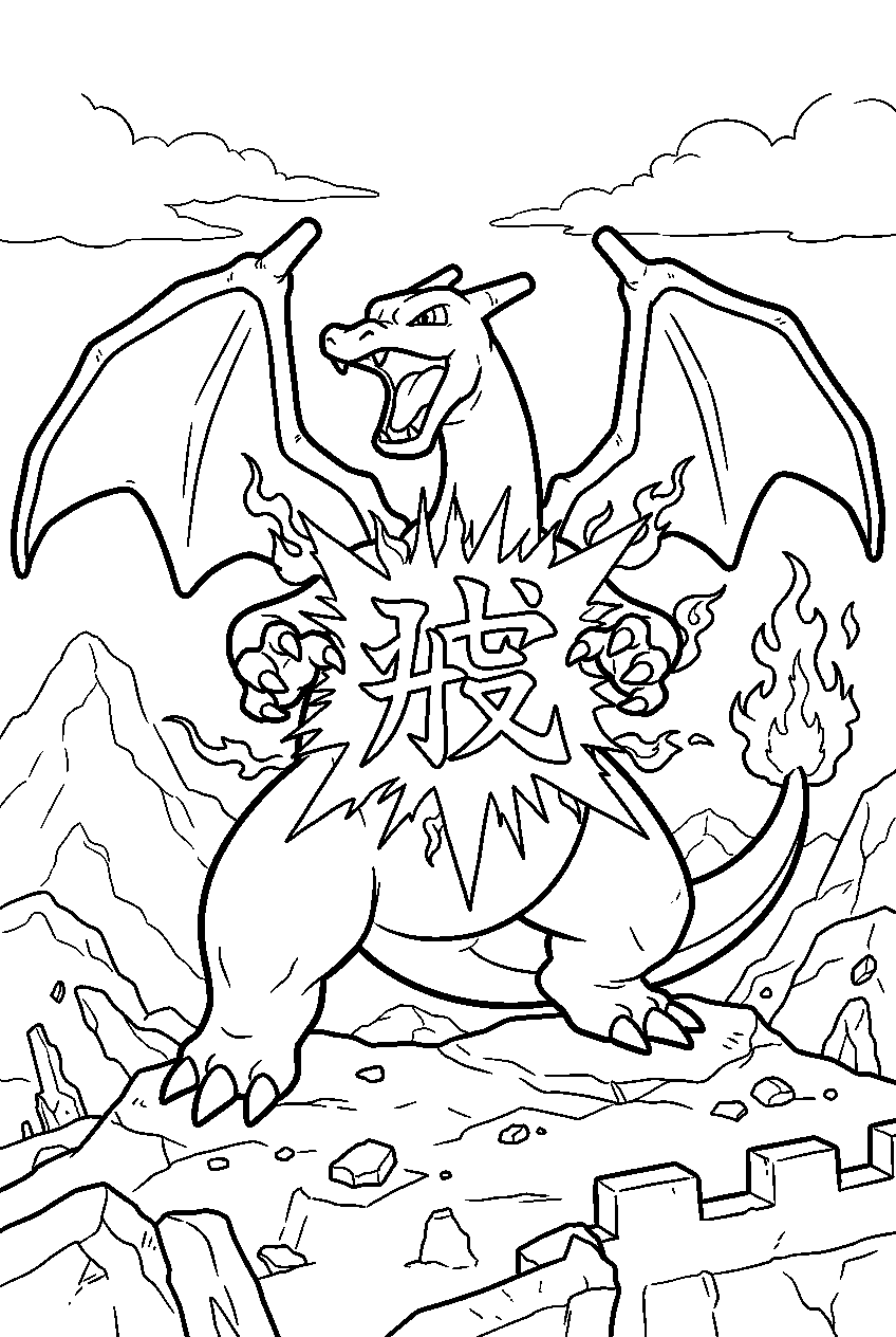 charizard forming fire blast on a mountain battlefield line art