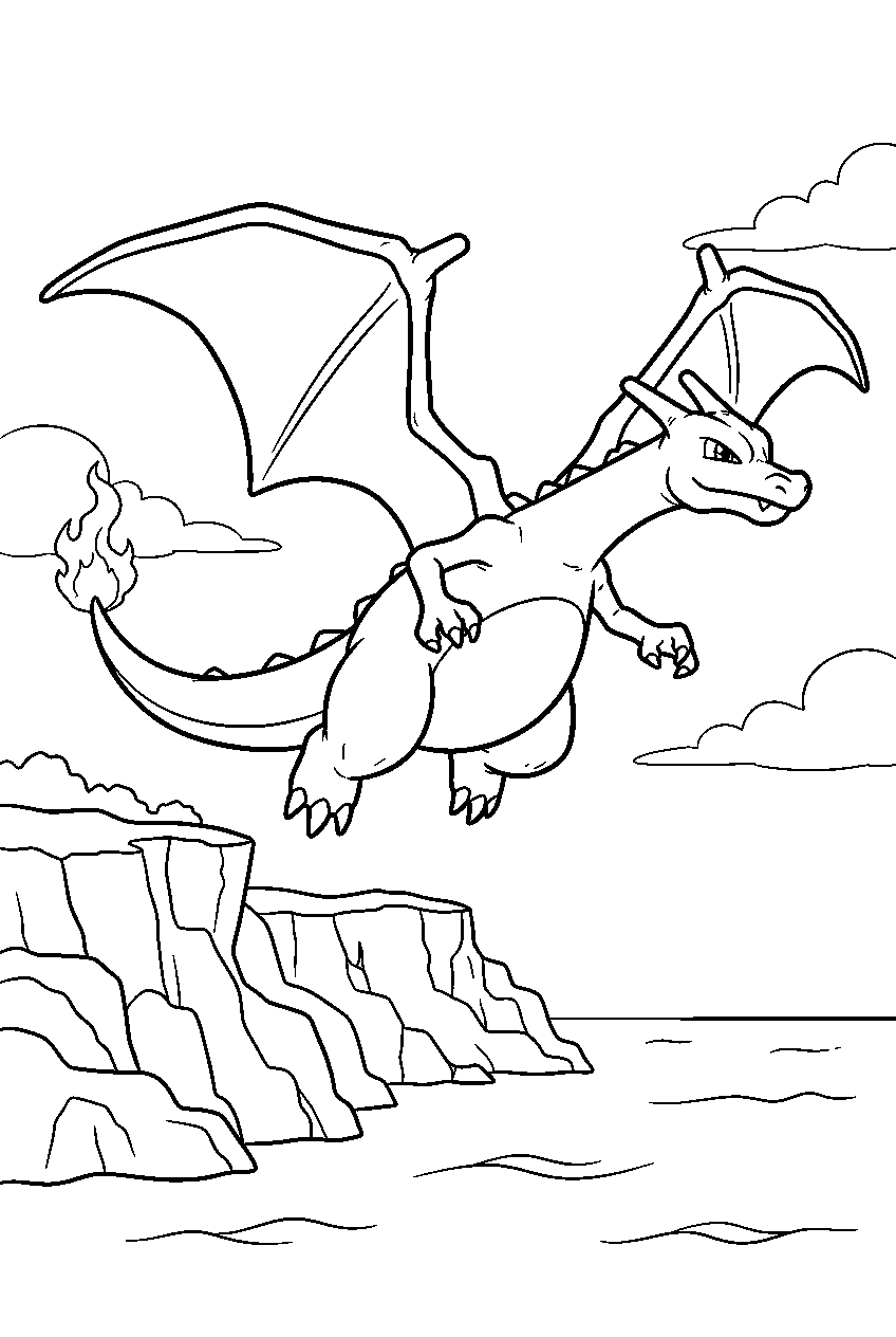 charizard gliding above ocean cliffs line art