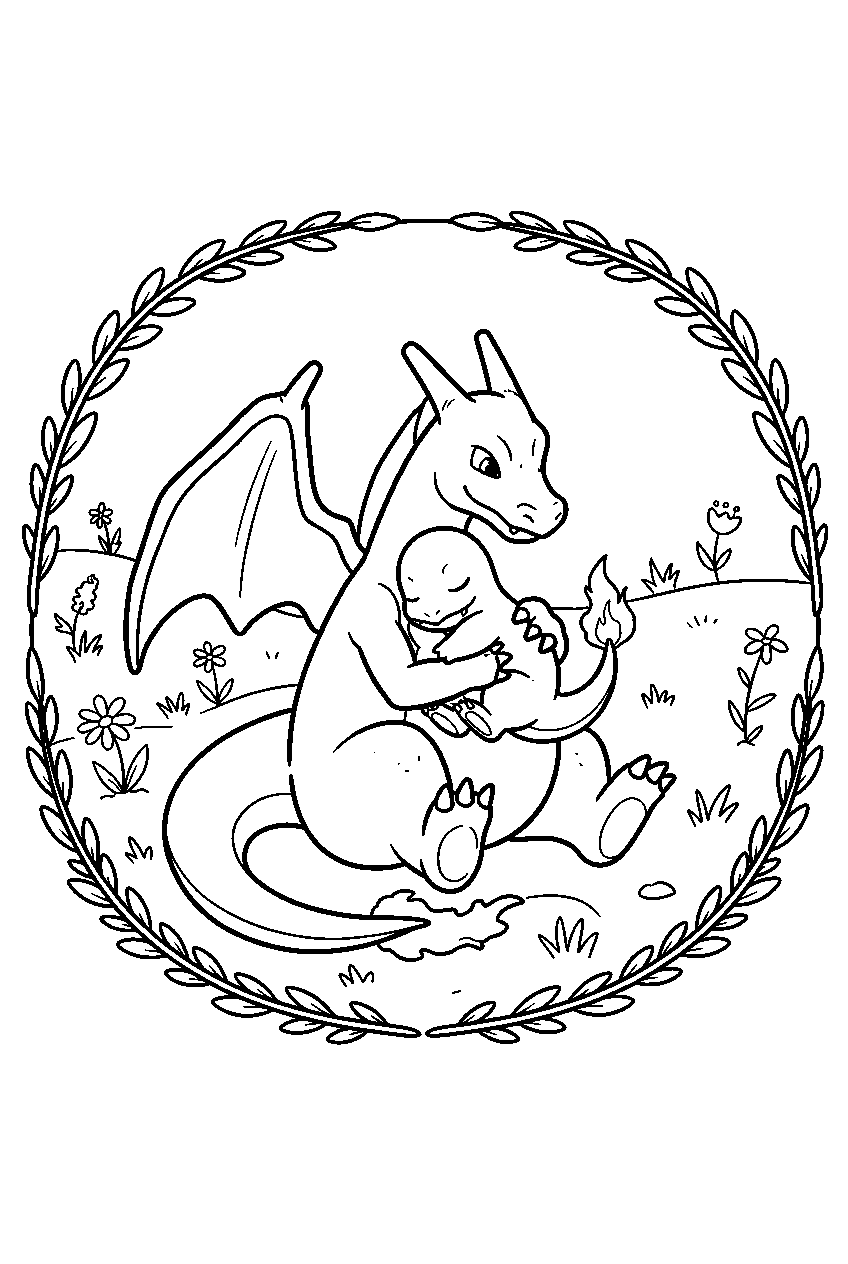 charizard holding a sleeping charmander in a flower meadow line art