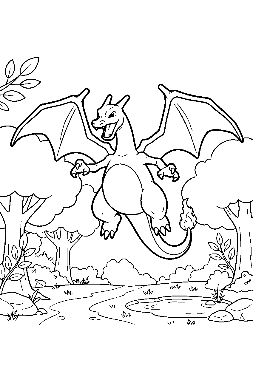 charizard hovering over a forest clearing with wings open line art