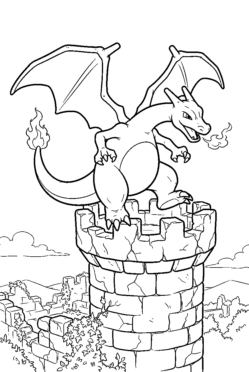 charizard landing on a ruined castle tower line art