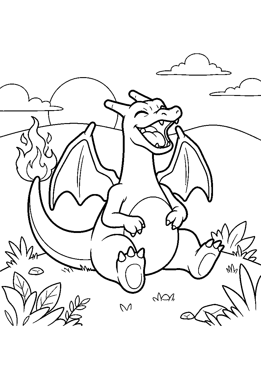 charizard laughing while sitting on a grassy hill line art