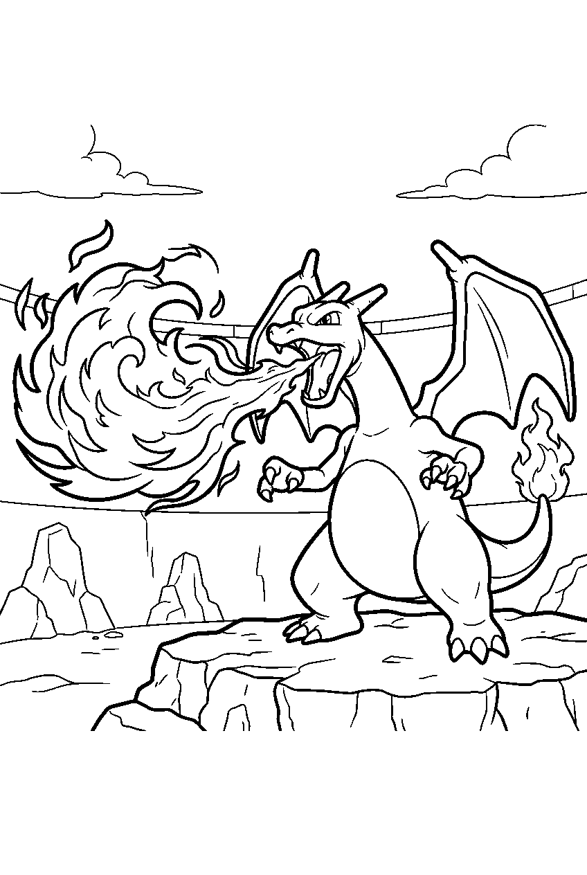 charizard launching flamethrower across a rocky battle arena line art