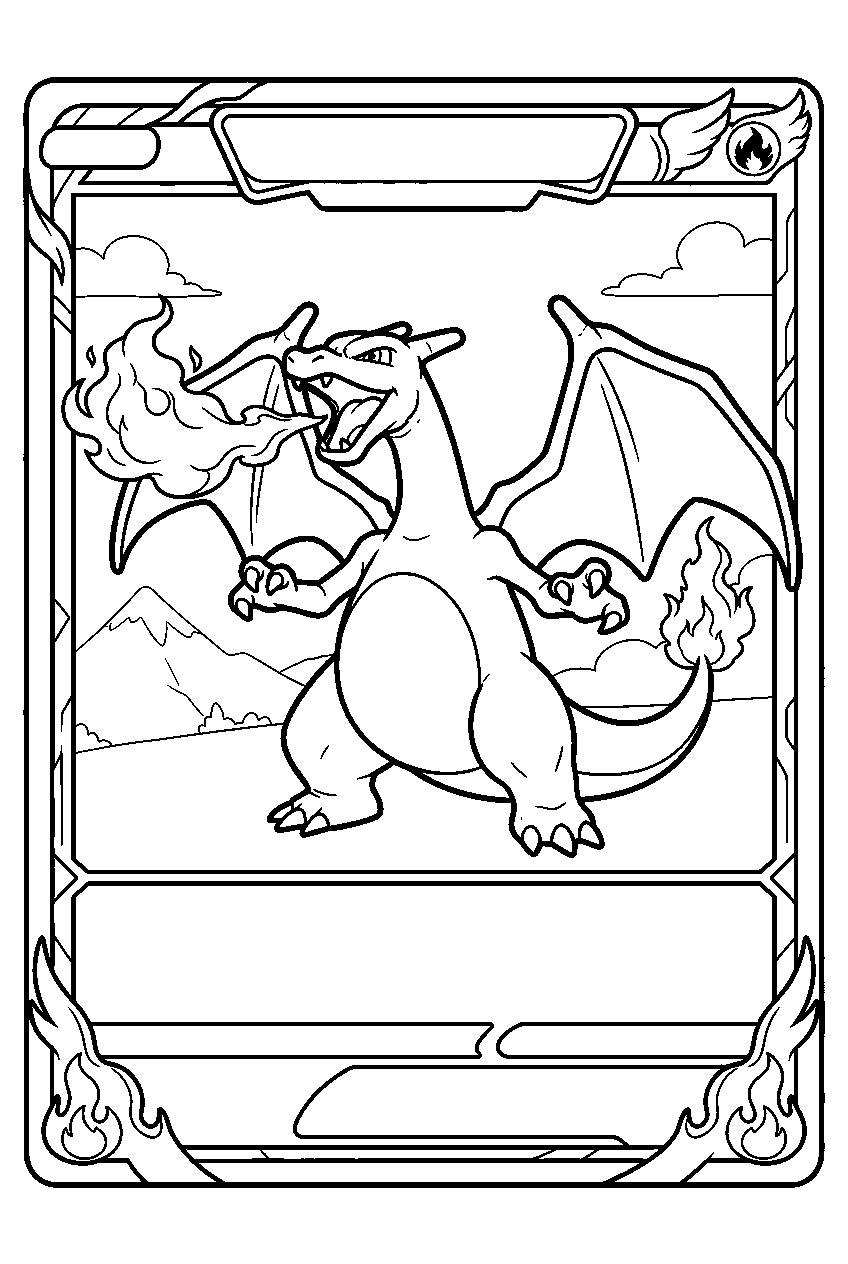 charizard posing inside a pokemon trading card frame with flames and wings line art