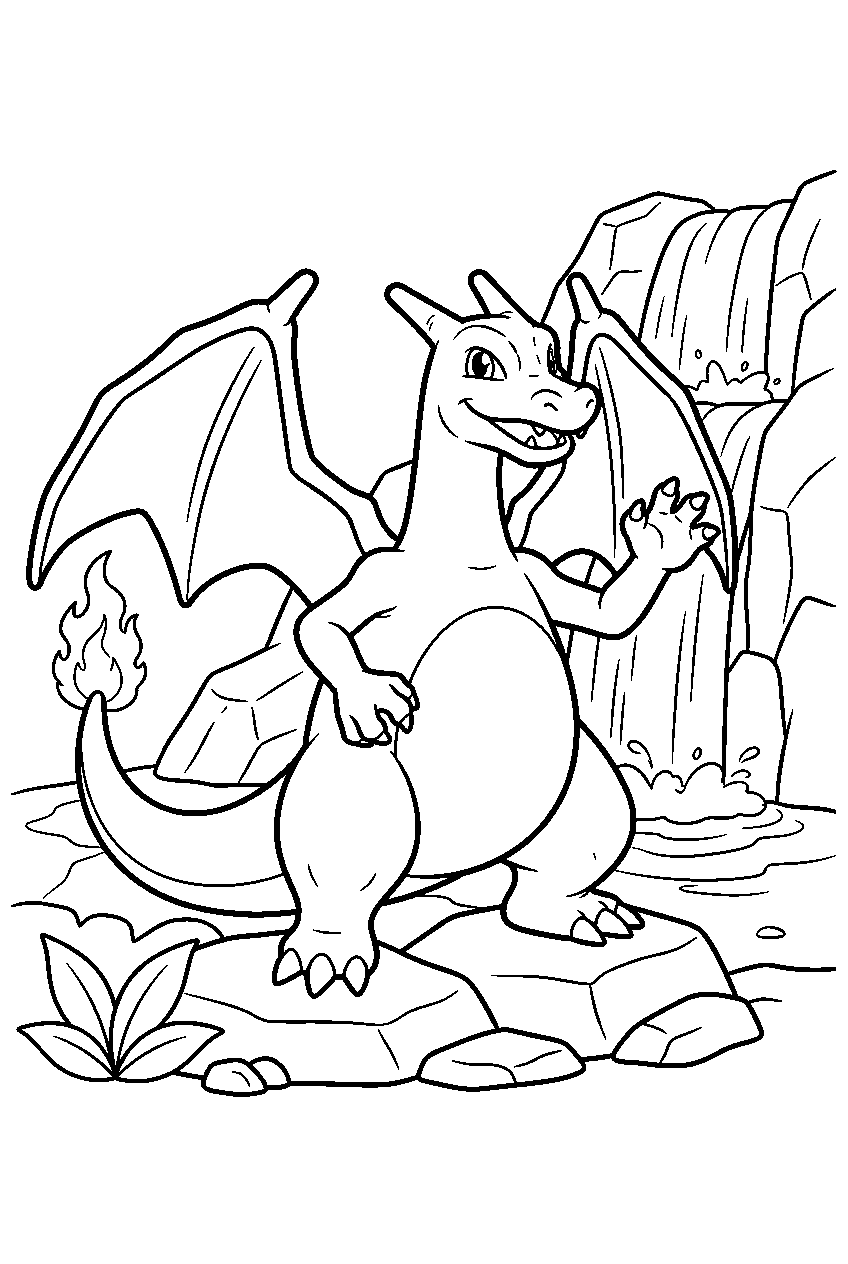 charizard posing with a friendly expression beside a waterfall line art