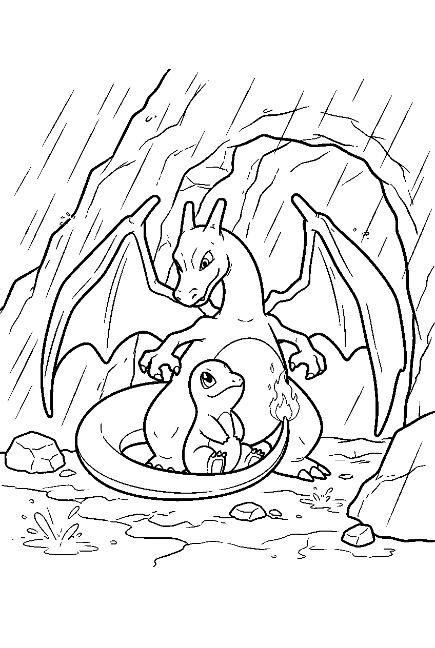 charizard protecting charmander from rain outside a mountain cave line art