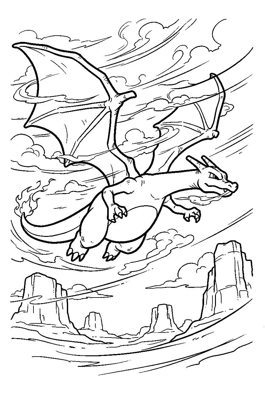 charizard racing through strong winds above desert mesas line art