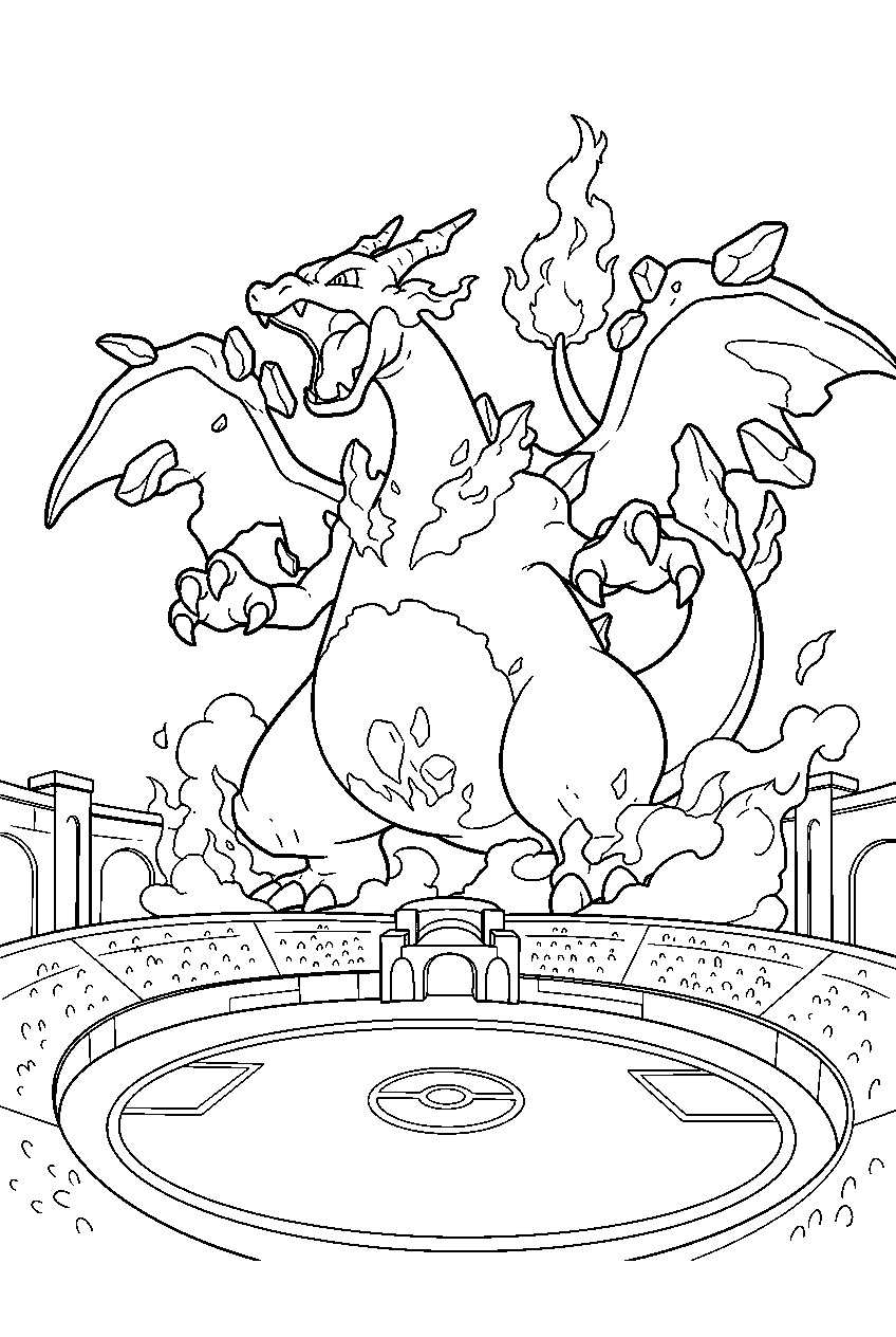 charizard roaring in gigantamax form above a stadium battlefield line art