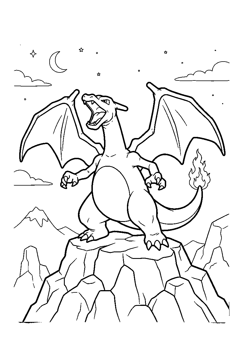 charizard roaring with wings spread on a rocky summit line art