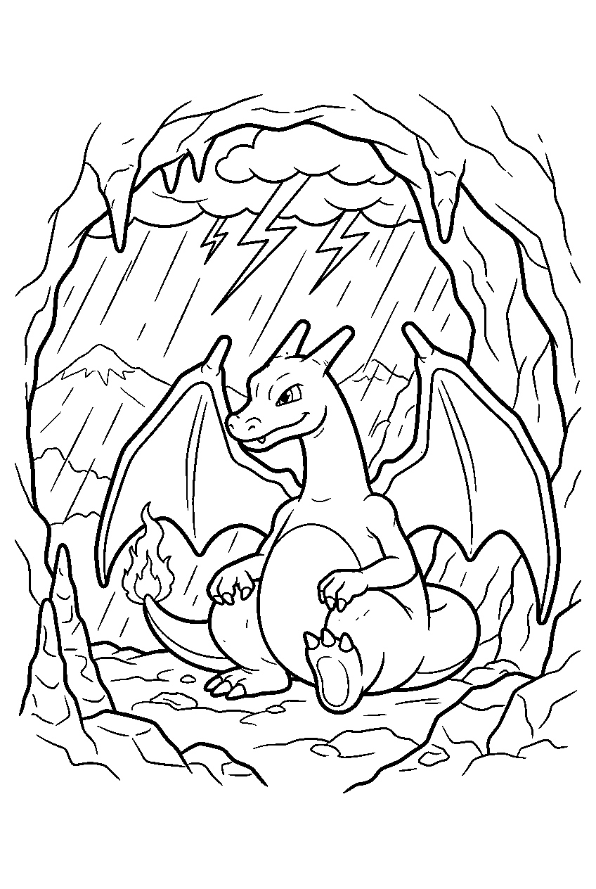 charizard sheltering from a storm inside a mountain cave line art