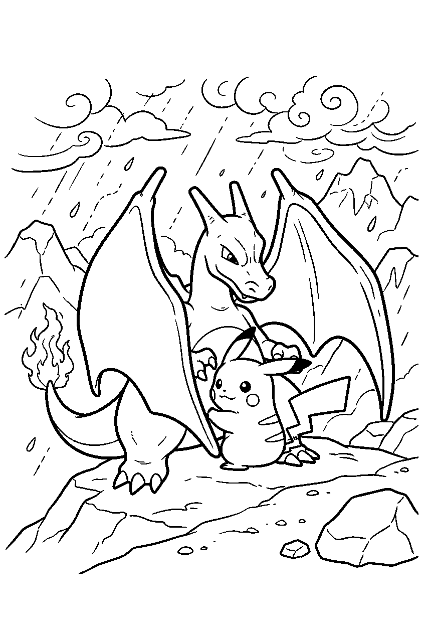 charizard shielding pikachu with its wings during a mountain storm line art