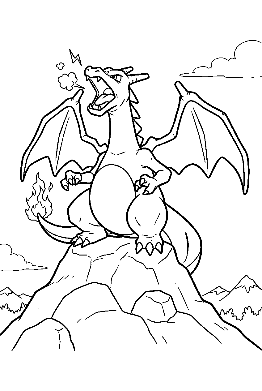 charizard sitting angrily atop a hill before roaring line art