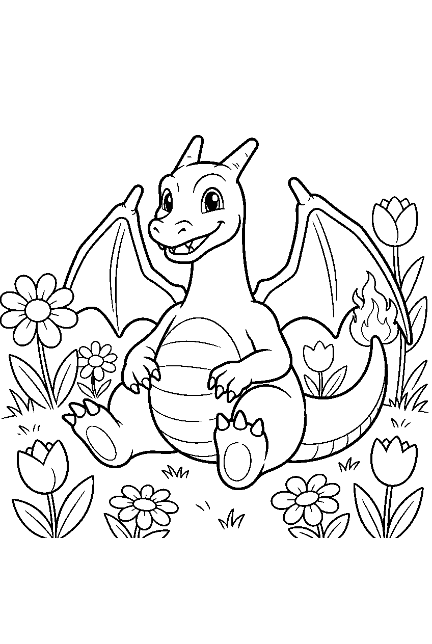 charizard sitting happily among flowers in a sunny garden line art