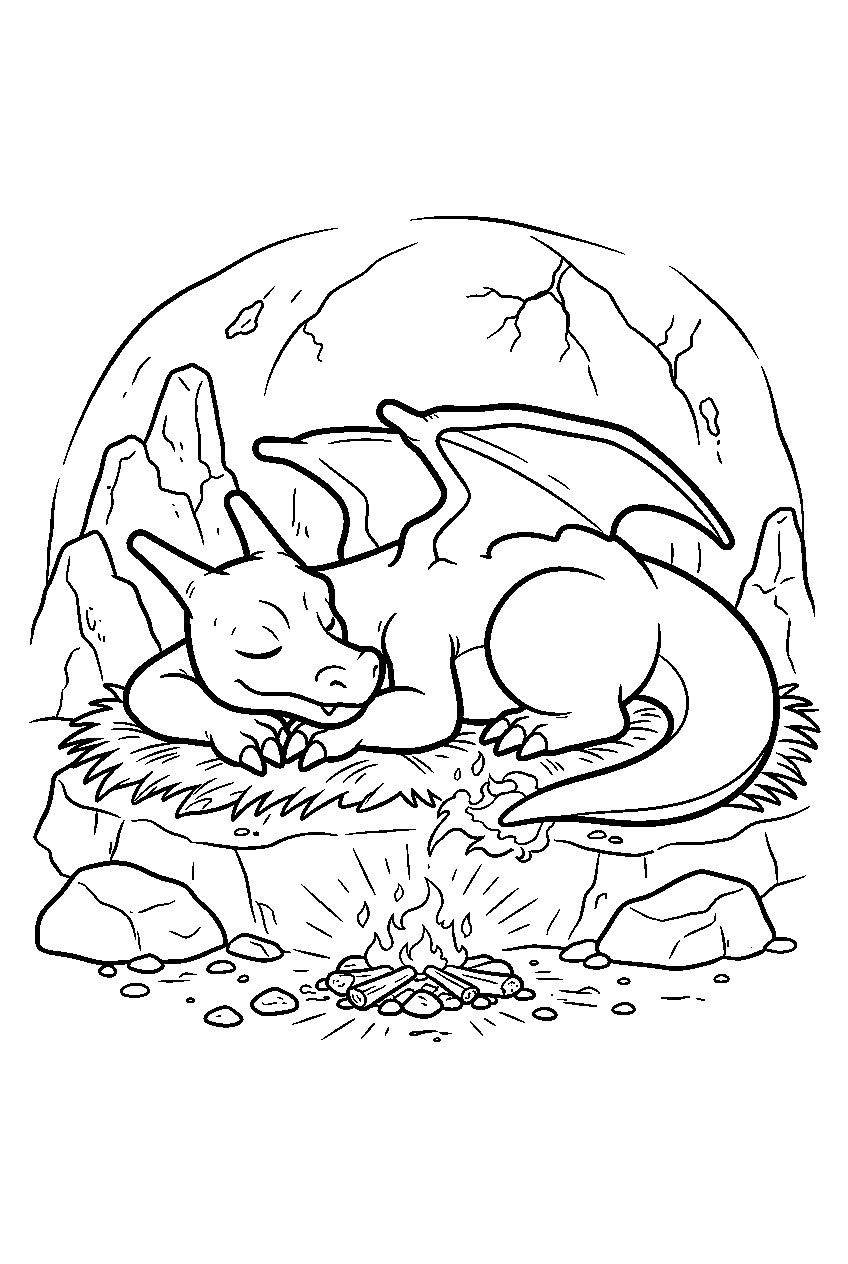 charizard sleeping beside glowing embers inside a rocky cave line art