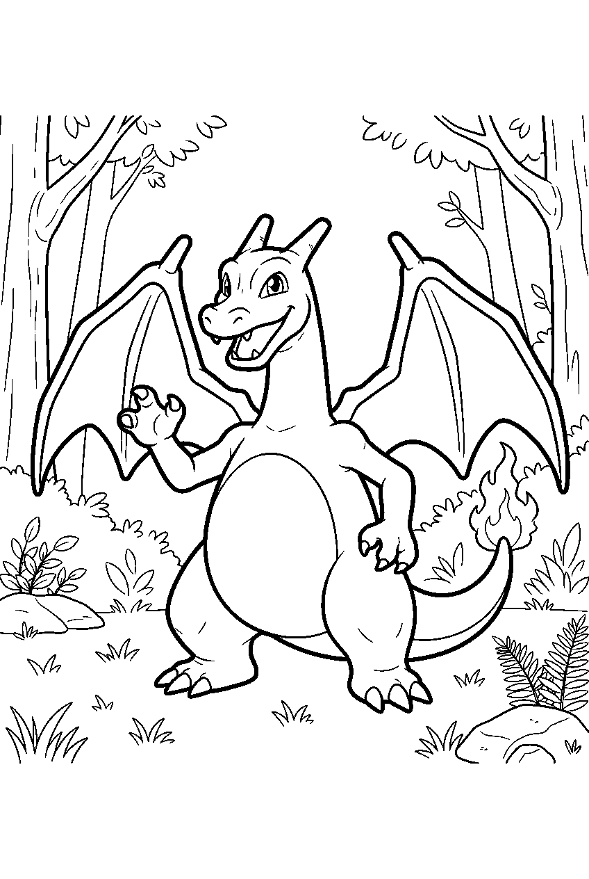 charizard smiling and waving in a forest clearing line art