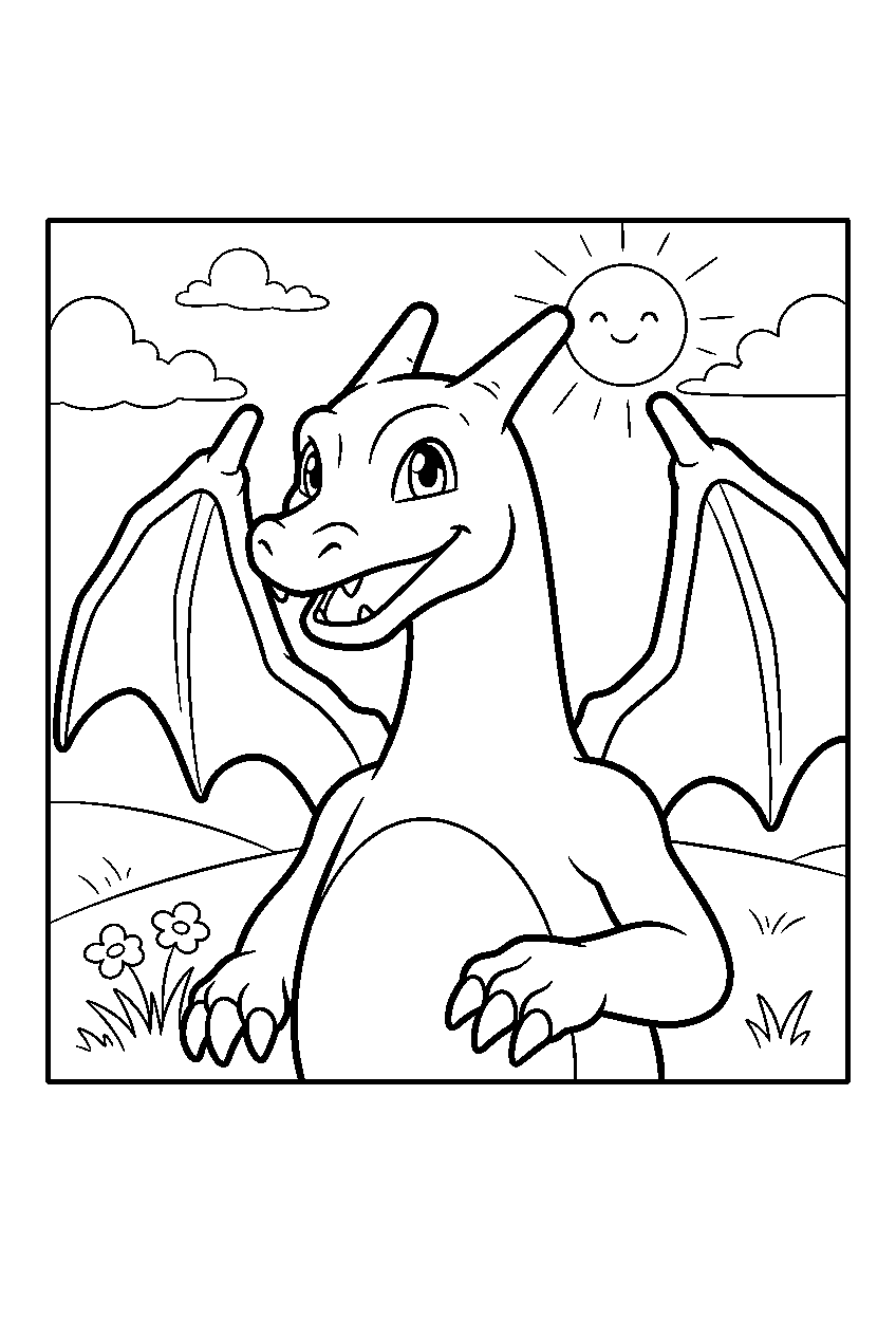 charizard smiling in a sunny grassland line art