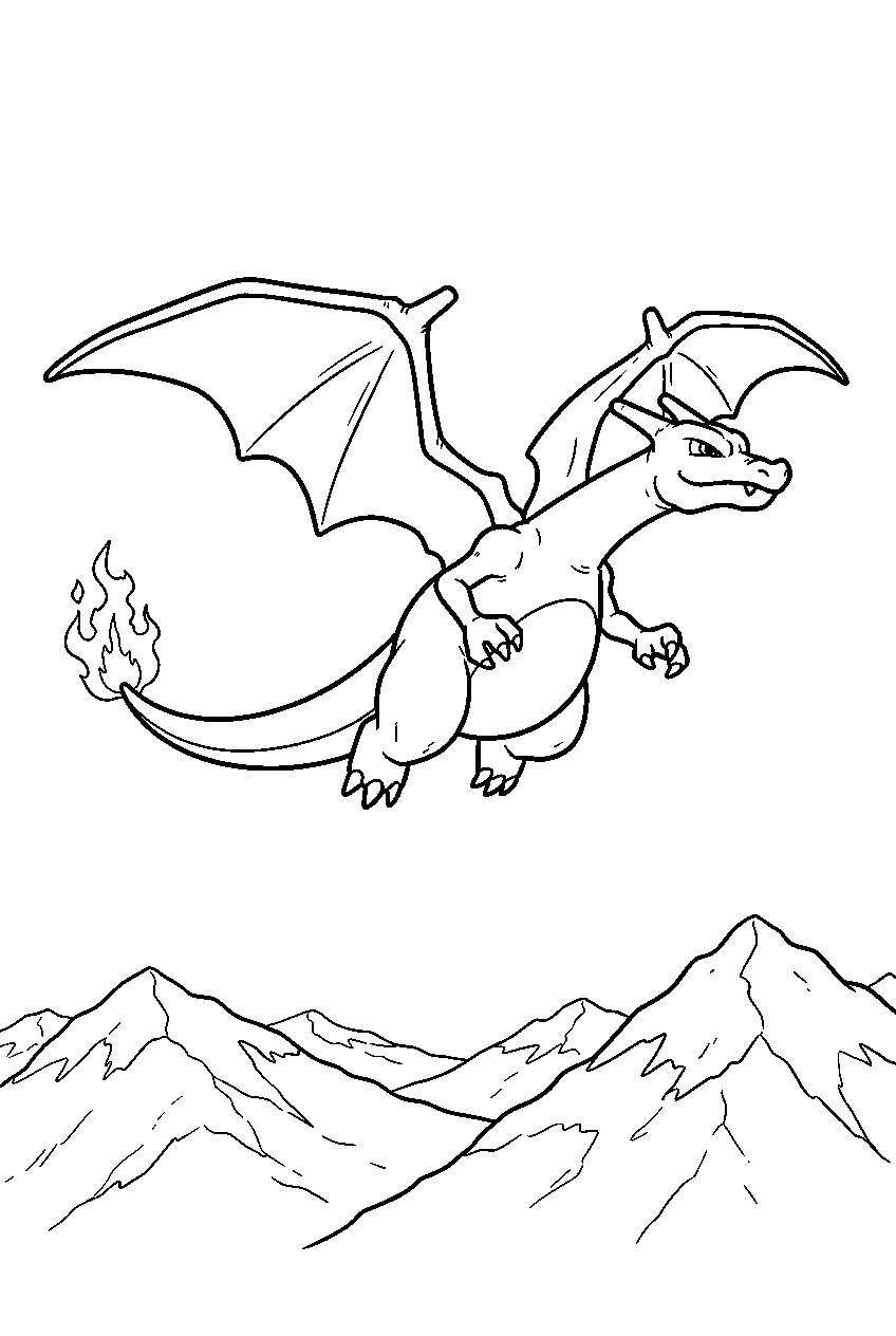charizard soaring high above snowcapped mountains line art