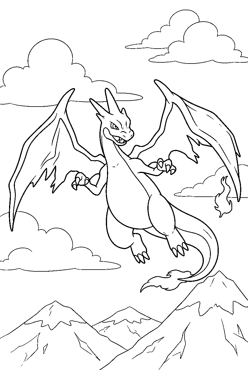charizard soaring in mega charizard y form through clouds above mountain peaks line art