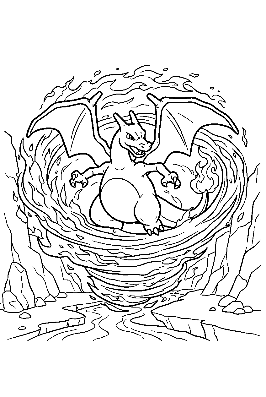 charizard spinning flames with fire spin inside a lava canyon line art