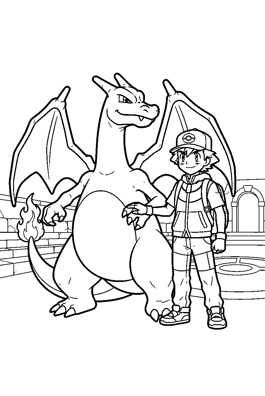 charizard standing beside ash at an outdoor gym arena line art
