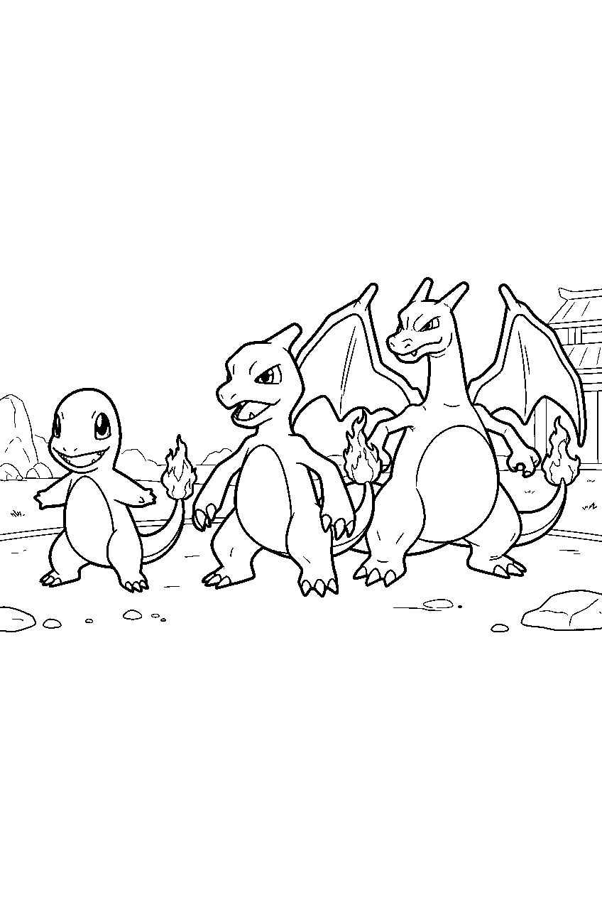charizard standing beside charmander and charmeleon in an evolution lineup at a training ground line art