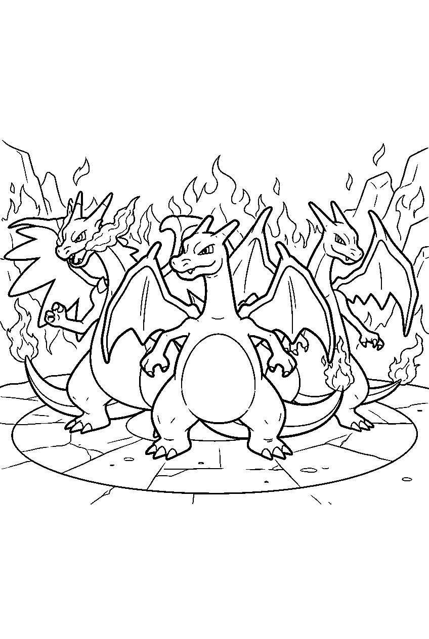 charizard standing between mega charizard x and mega charizard y in a fiery arena line art