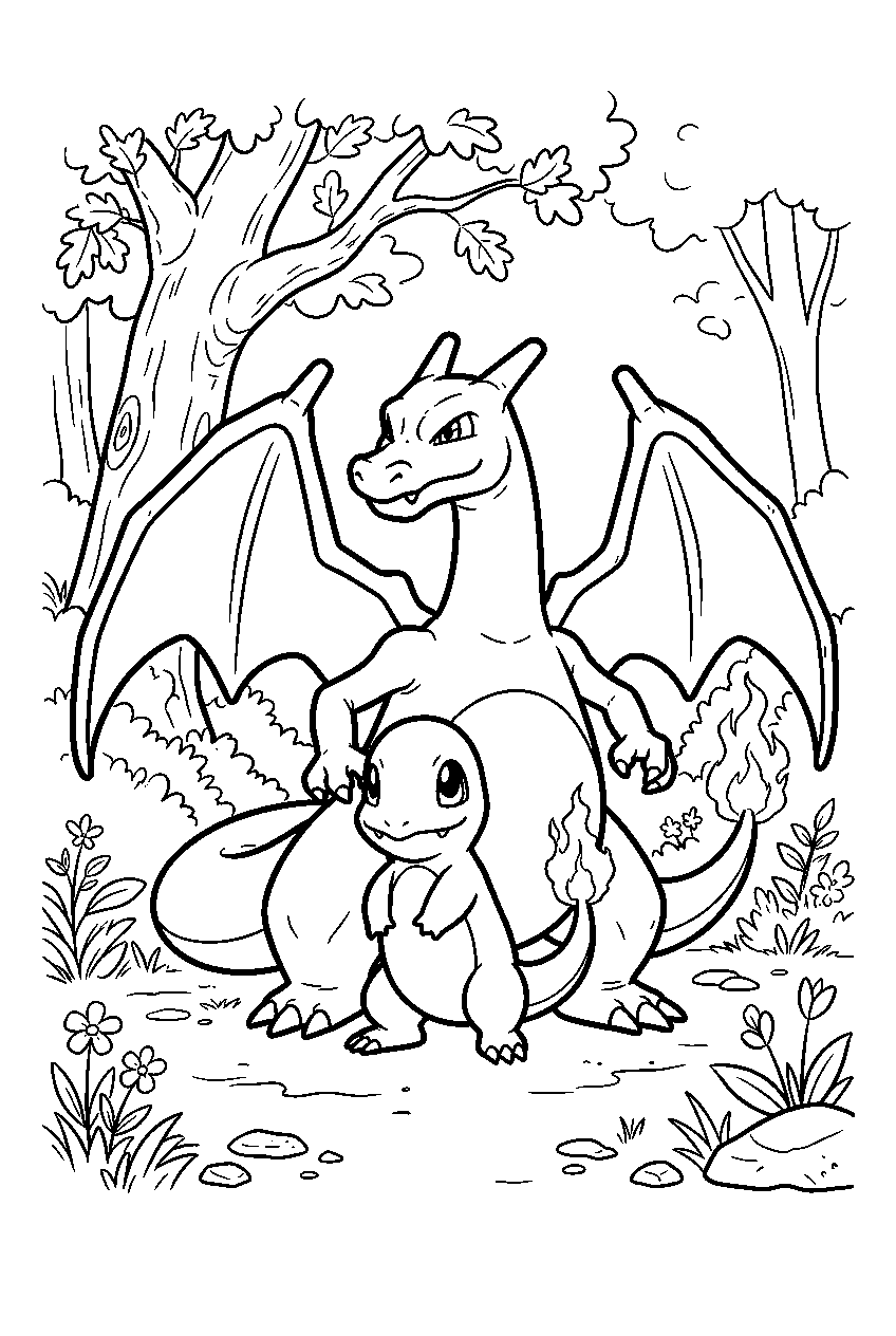 charizard standing protectively behind charmander in a forest clearing line art