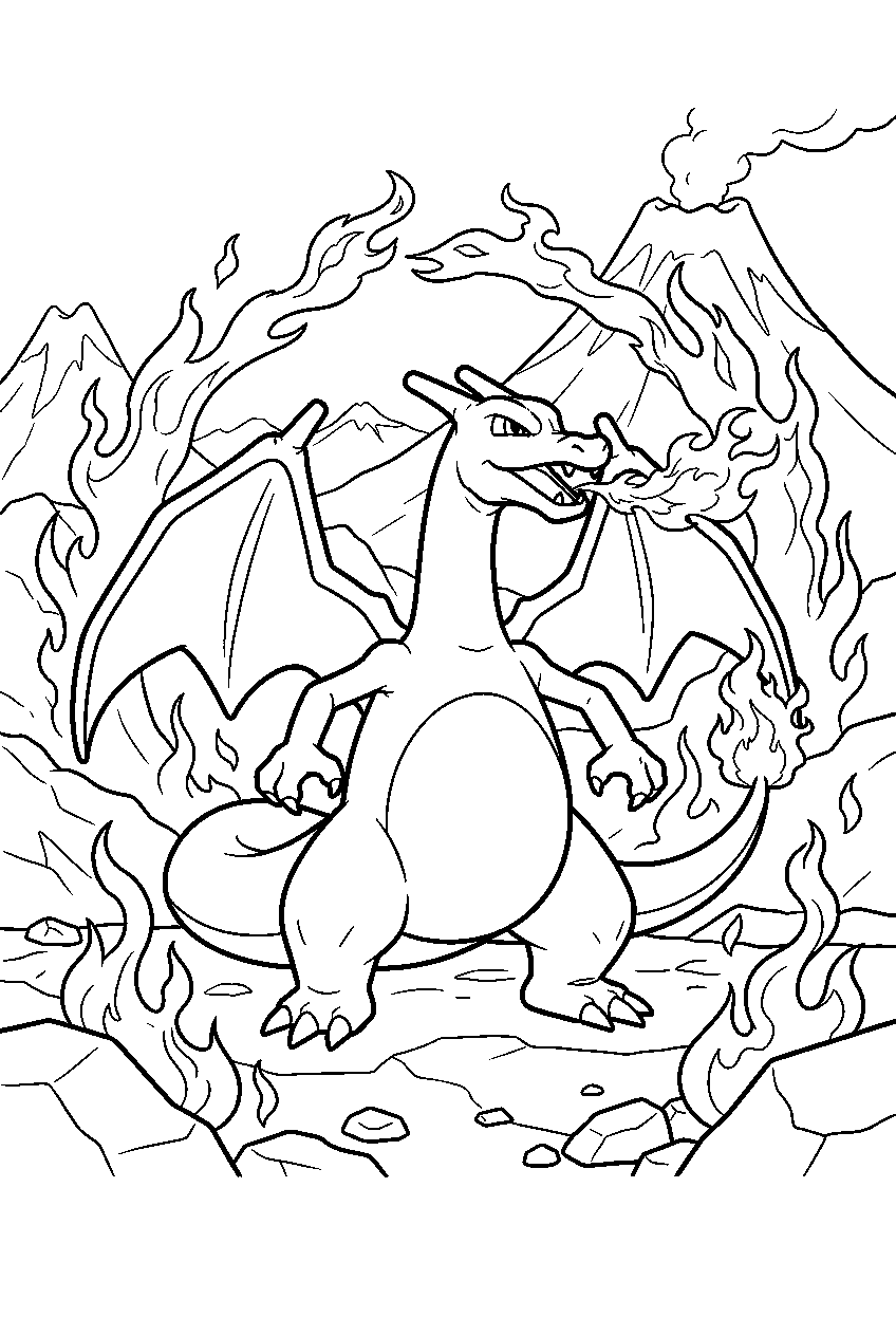 charizard standing surrounded by flames in a volcanic clearing line art