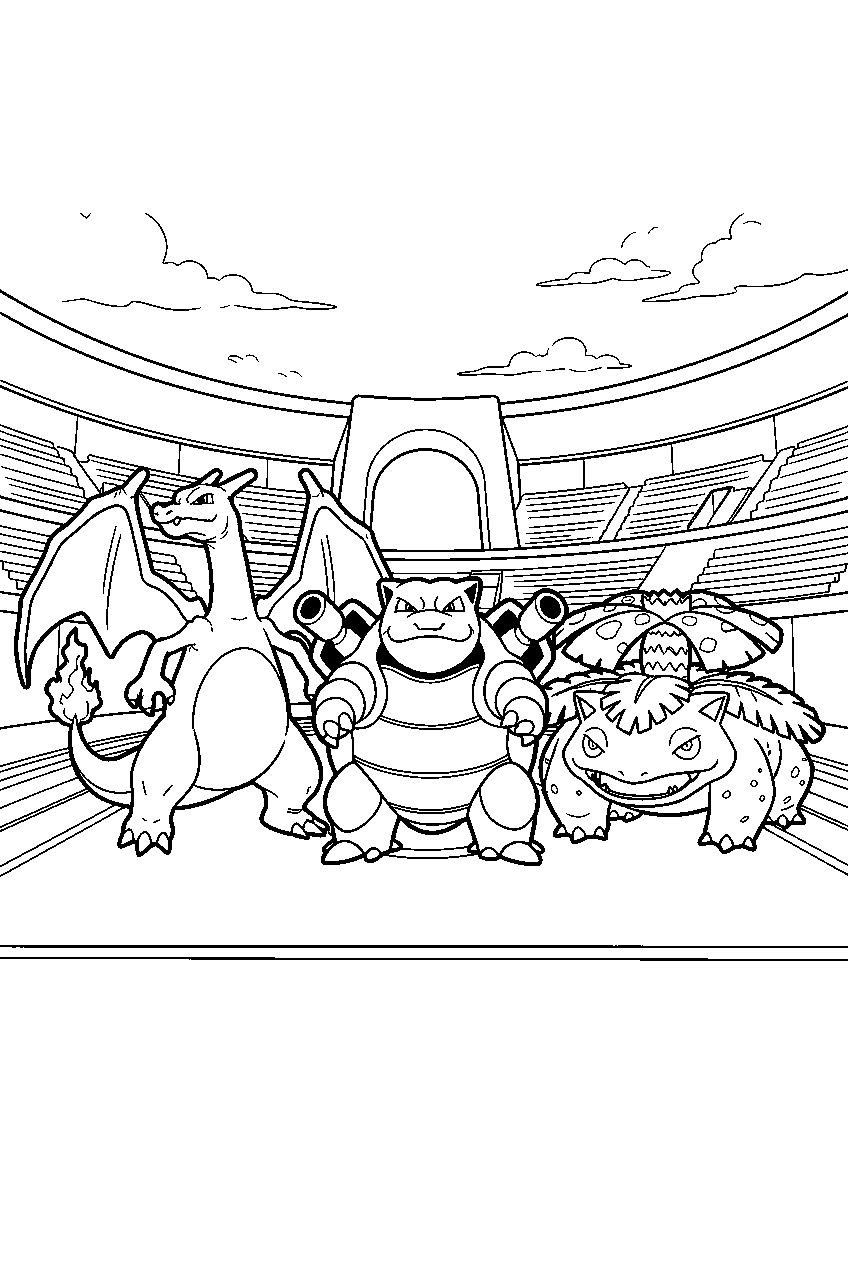 charizard standing with blastoise and venusaur inside a stadium arena line art