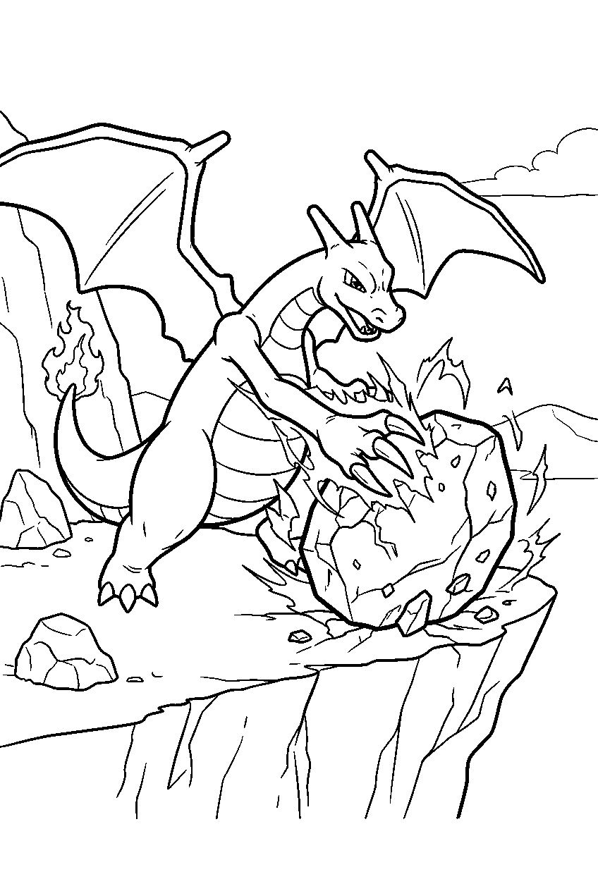 charizard striking a boulder with dragon claw on a cliffside line art