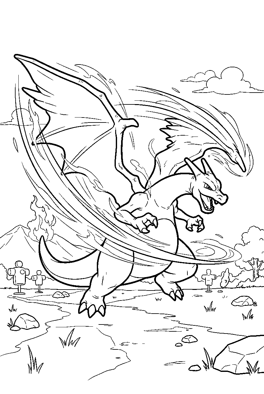 charizard sweeping its wings with wing attack in a training field line art