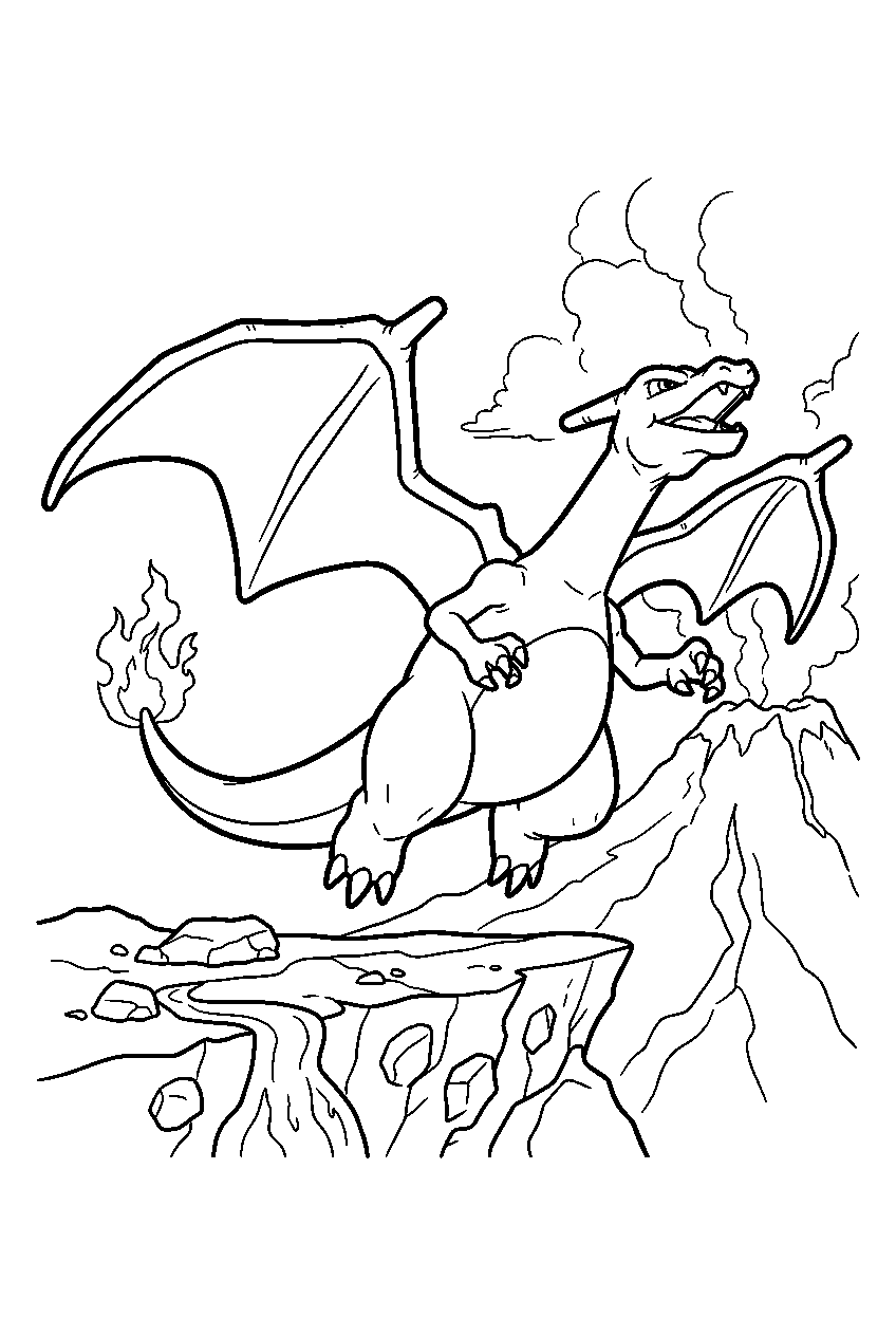 charizard taking off from a volcanic ledge line art