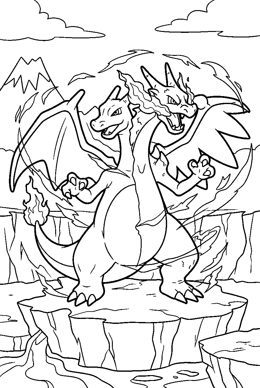 charizard transforming into mega charizard x in a volcanic arena line art