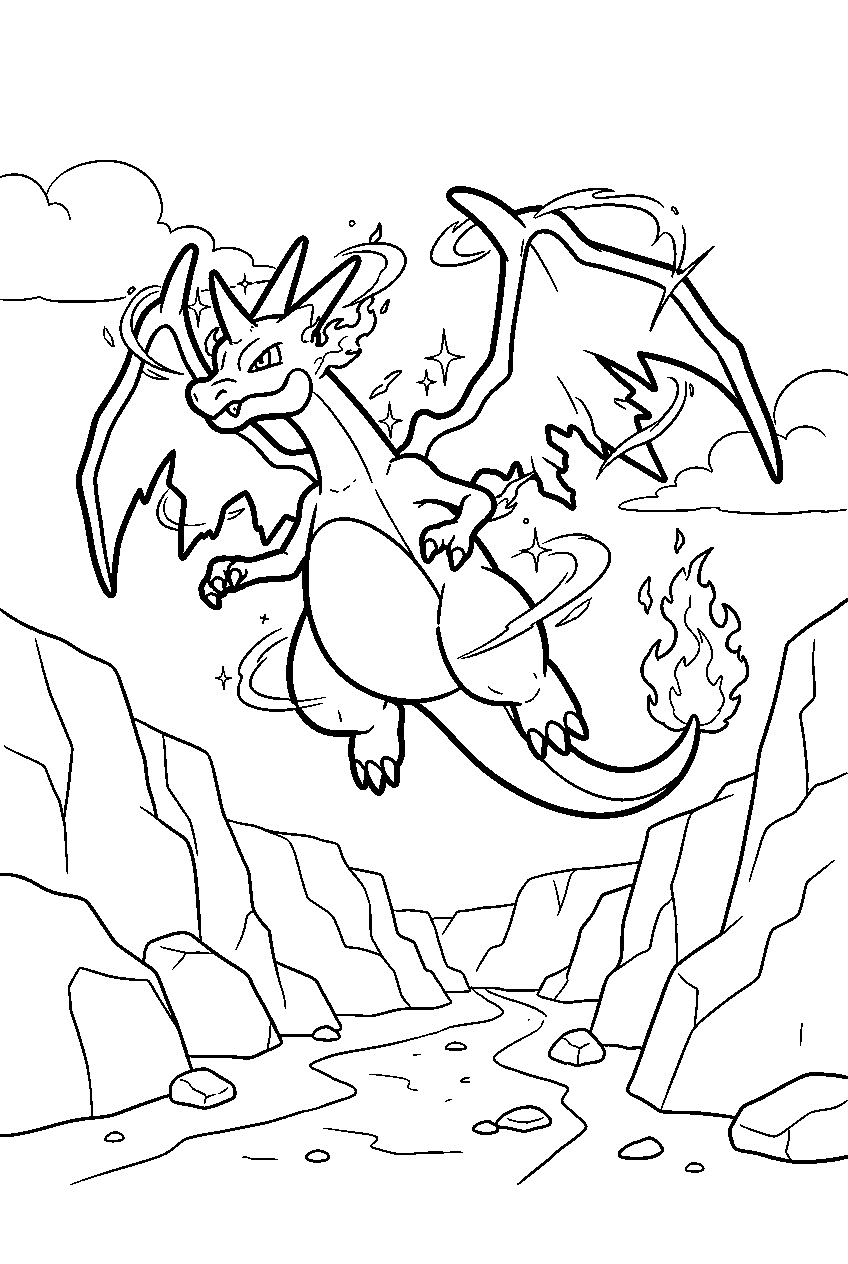 charizard transforming into mega charizard y above a rocky canyon line art