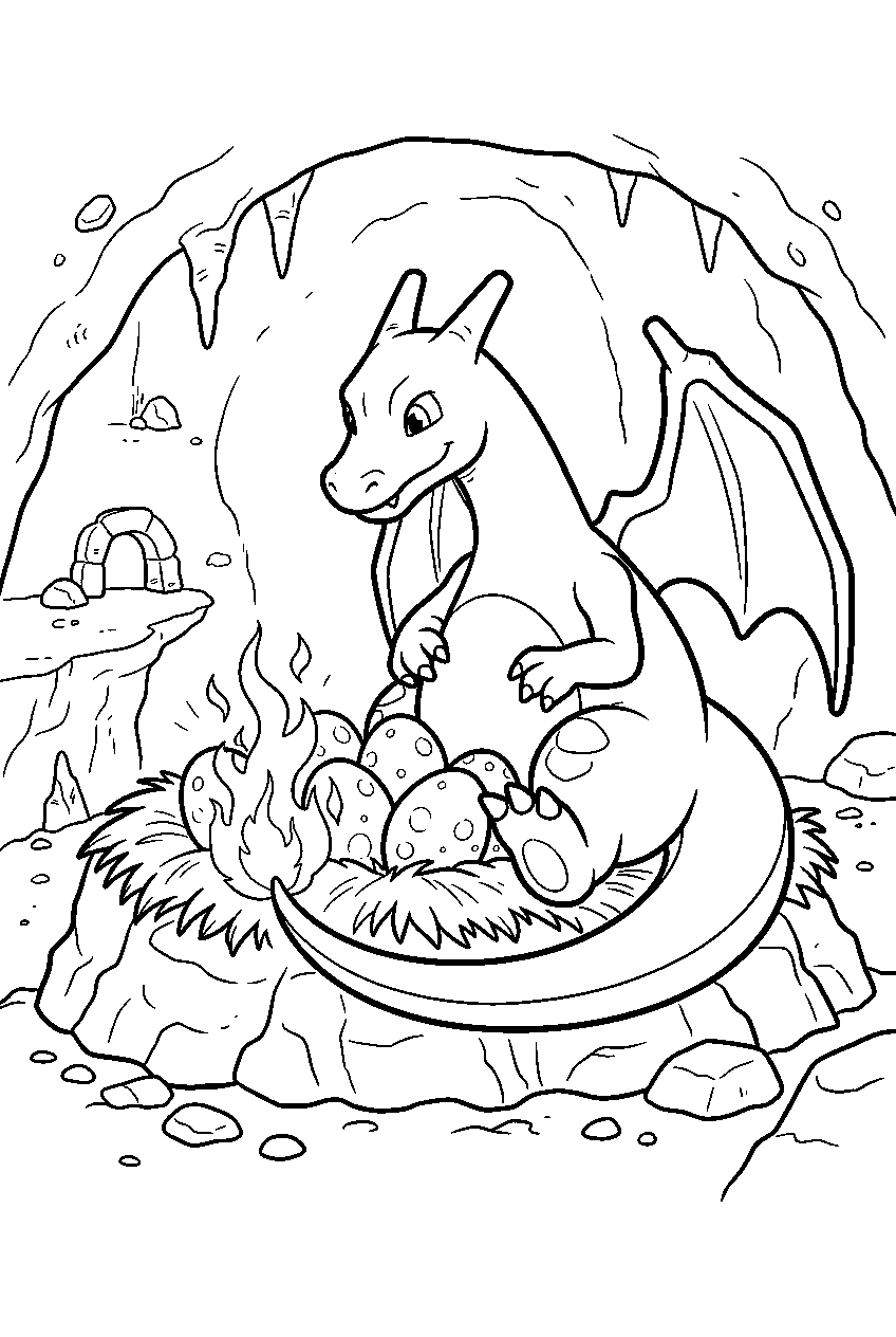 charizard warming a nest of eggs with its tail flame inside a cave line art