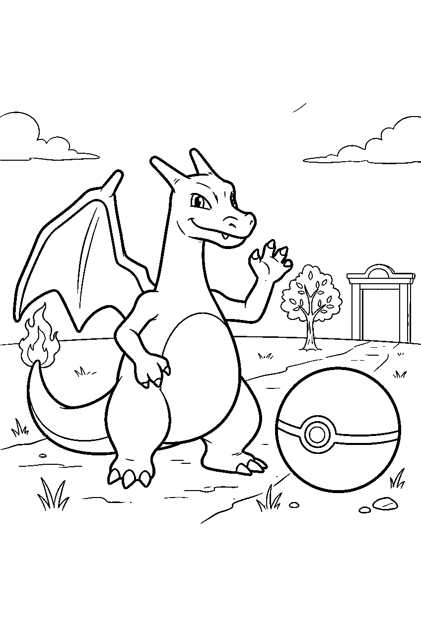 charizard waving beside a pokeball in a training park line art