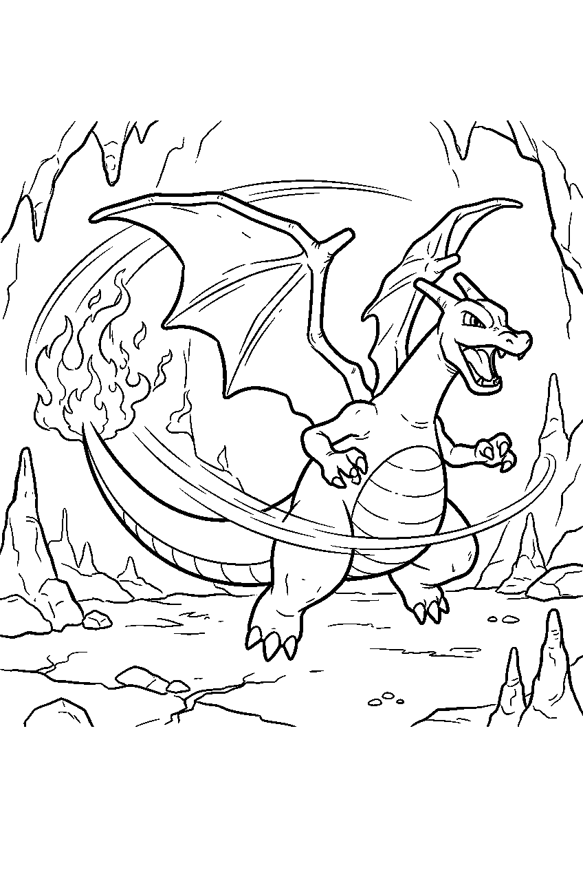 charizard whipping its flaming tail across a cave battlefield line art