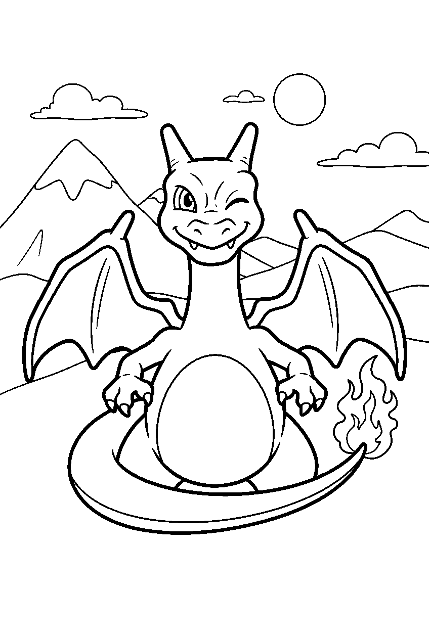 charizard winking in a simple mountain scene line art