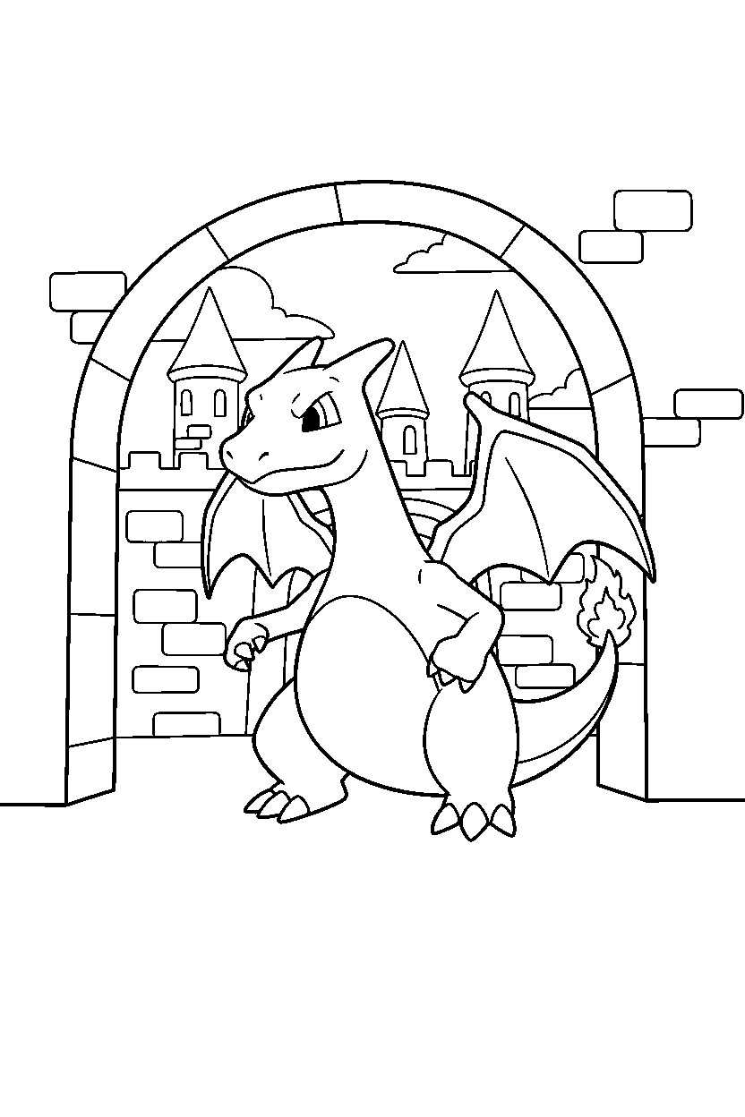 pokemon charizard exploring in castle line art